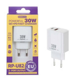 آداپتور شارژر 30 وات REMAX مدل RP-U82 – دو پورت Type-C و USB